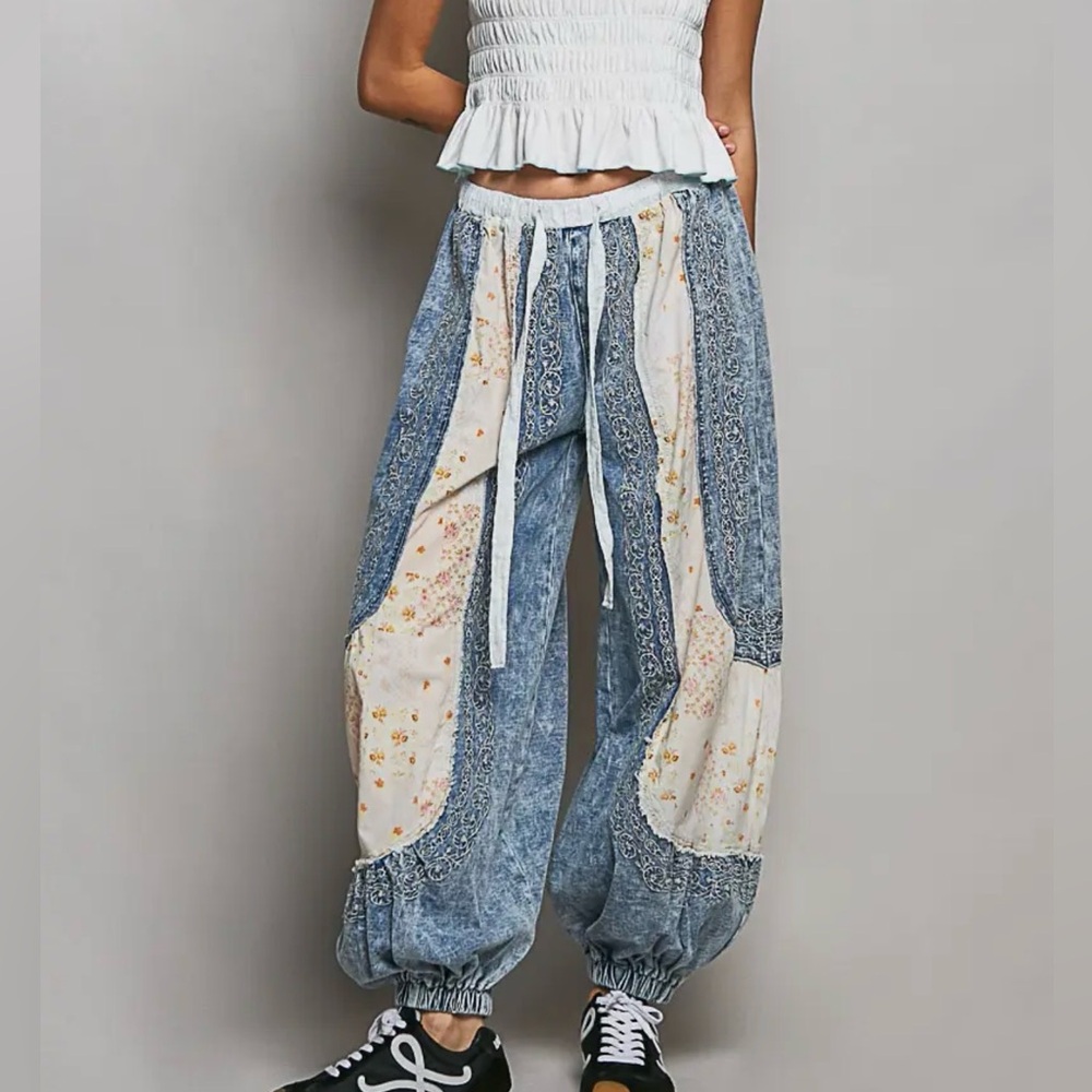 NEW POL 3/16 : “The Dana”Patchwork Pants in Light Blue Denim and Cream